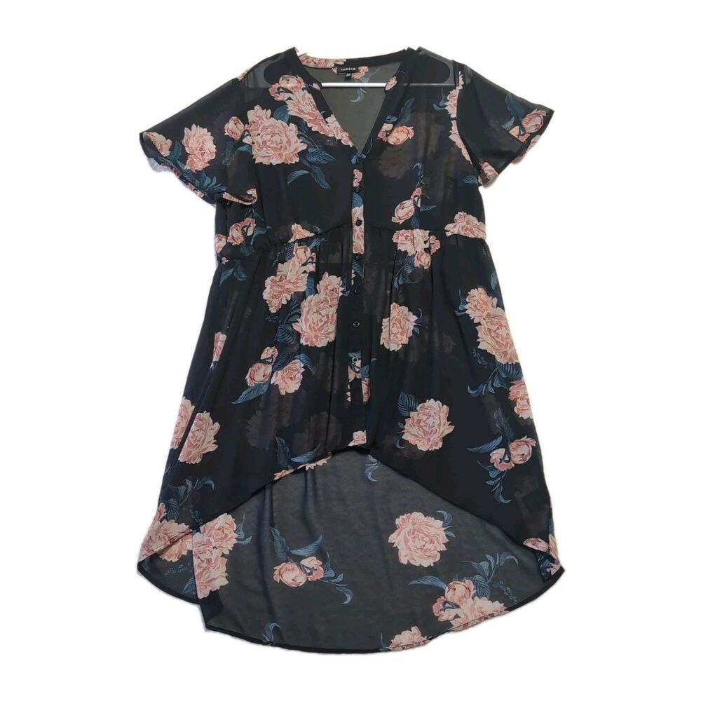 Torrid LEXIE Babydoll Chiffon Hi-Low Tunic Top Size 00 Button Up Black Floral - Picture 2 of 7